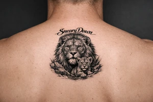 Big lion with smaller lion with saying of SnearyDawn tattoo idea