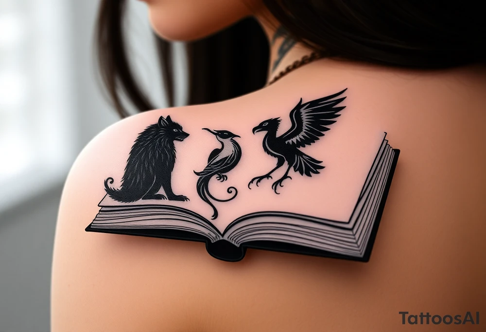 An open book with black silhouettes of a werewolf, an owl, a dragon & a phoenix coming out of the book tattoo idea