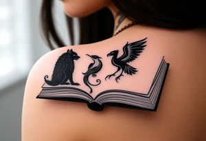 An open book with black silhouettes of a werewolf, an owl, a dragon & a phoenix coming out of the book tattoo idea