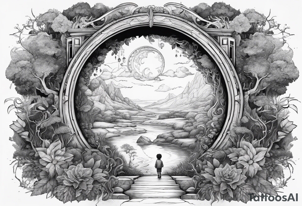 a small boy entering a portal to a fantasy world filled with nature tattoo idea