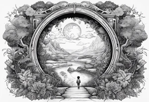 a small boy entering a portal to a fantasy world filled with nature tattoo idea