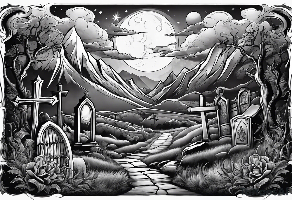 Graveyard with moon and smoke  on hills tattoo idea