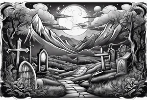 Graveyard with moon and smoke  on hills tattoo idea