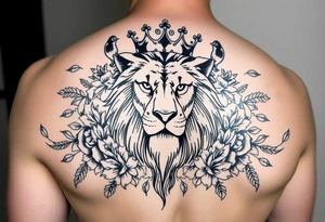 powerful majestic lion with a crown, surrounded by floral ornaments and birds tattoo idea
