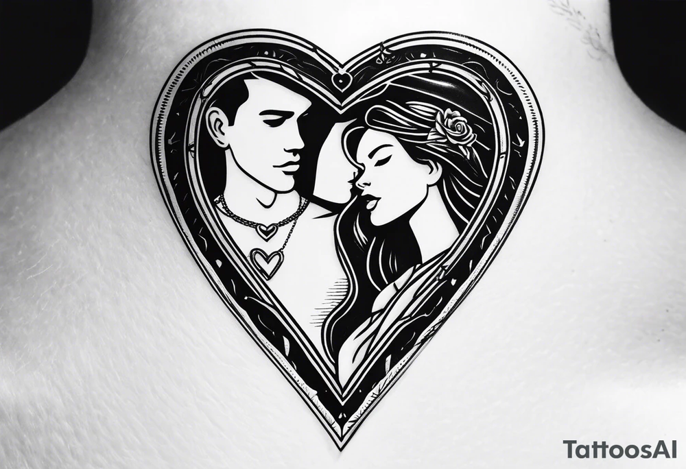 necklace heart locket with a male and female shadow hugging tattoo idea