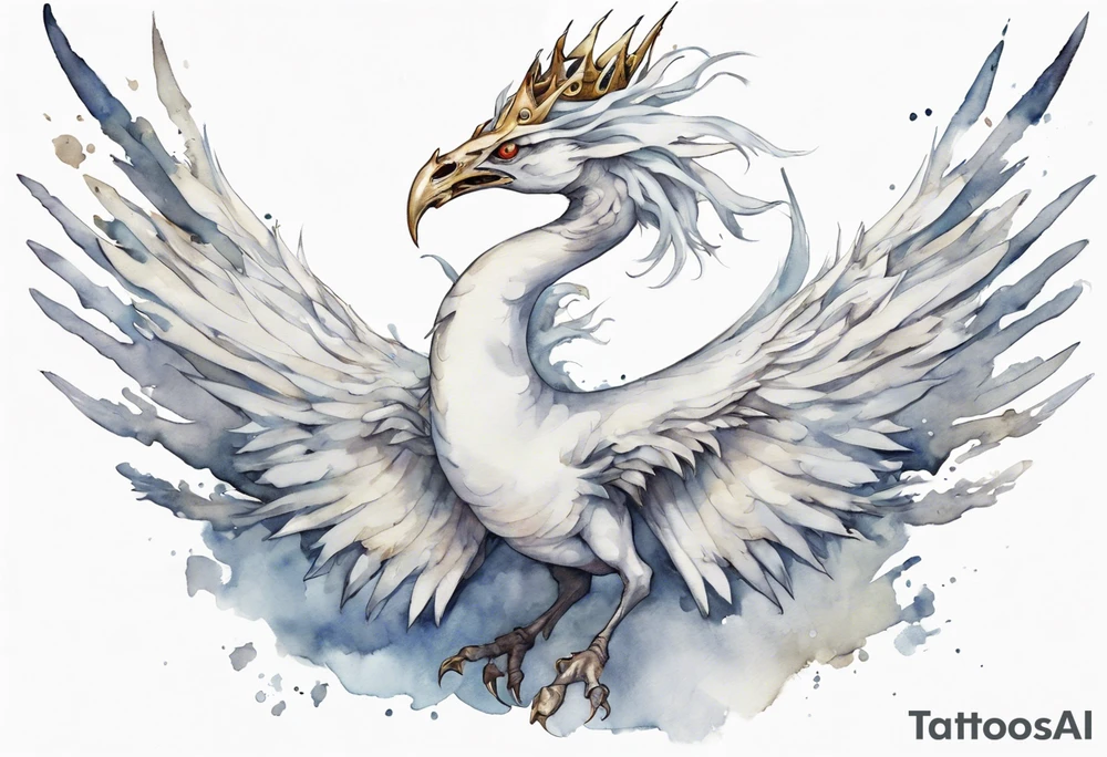 a white bird-wyrm hybrid, wearing a pewter crown on its head, flying in the air tattoo idea