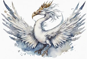 a white bird-wyrm hybrid, wearing a pewter crown on its head, flying in the air tattoo idea