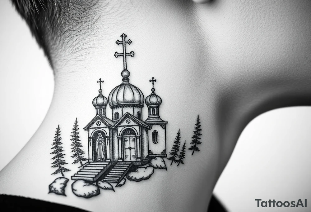 russian design traditional christian orthodox cross with a virgin mary stood beside the entrance of a russian orthodox dome church on the side of the neck in a wilderness setting with the design spread out the side of the neck tattoo idea