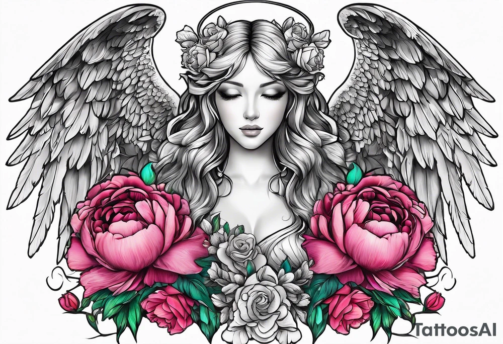 beautiful angel wings with floral peonies, roses, neon, brightly colored. highly detailed, tattoo idea