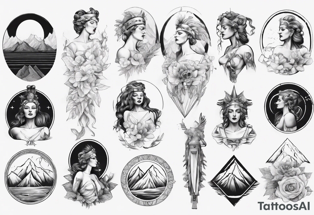 Roman goddess with mountains tattoo idea