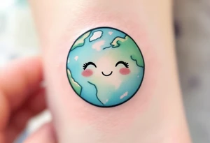 A cute cartoon Earth with smiling eyes is shaded in light blue and mint green with rosy cheeks. tattoo idea