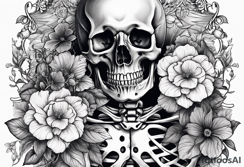 a male and female skeleton with bibiscus flowers. western style tattoo idea