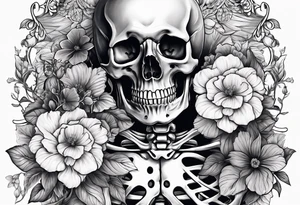 a male and female skeleton with bibiscus flowers. western style tattoo idea