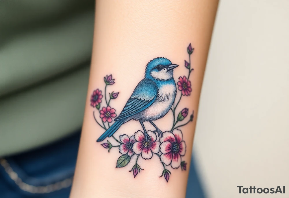 Puffy bluebird surrounded by wild flowers tattoo idea