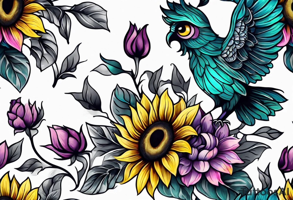 Leg Sleeve with teal, pink and purple owl and yellow sunflowers tattoo idea