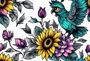 Leg Sleeve with teal, pink and purple owl and yellow sunflowers tattoo idea