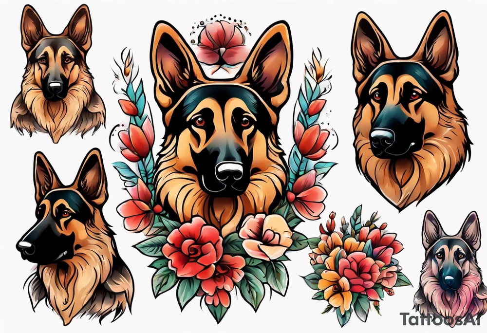 Red Sable colored German shepherd portrait brightly colored with flowers tattoo idea