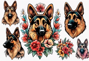Red Sable colored German shepherd portrait brightly colored with flowers tattoo idea