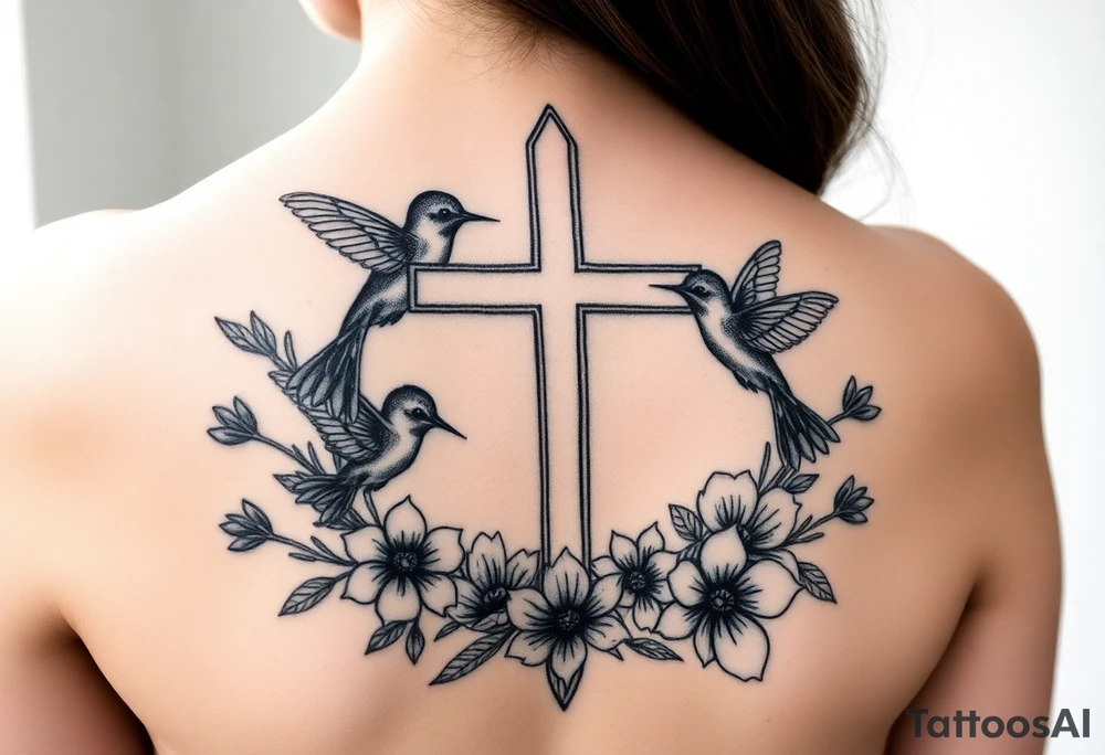 cross surrounded by hummingbirds and flowers tattoo idea