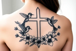 cross surrounded by hummingbirds and flowers tattoo idea