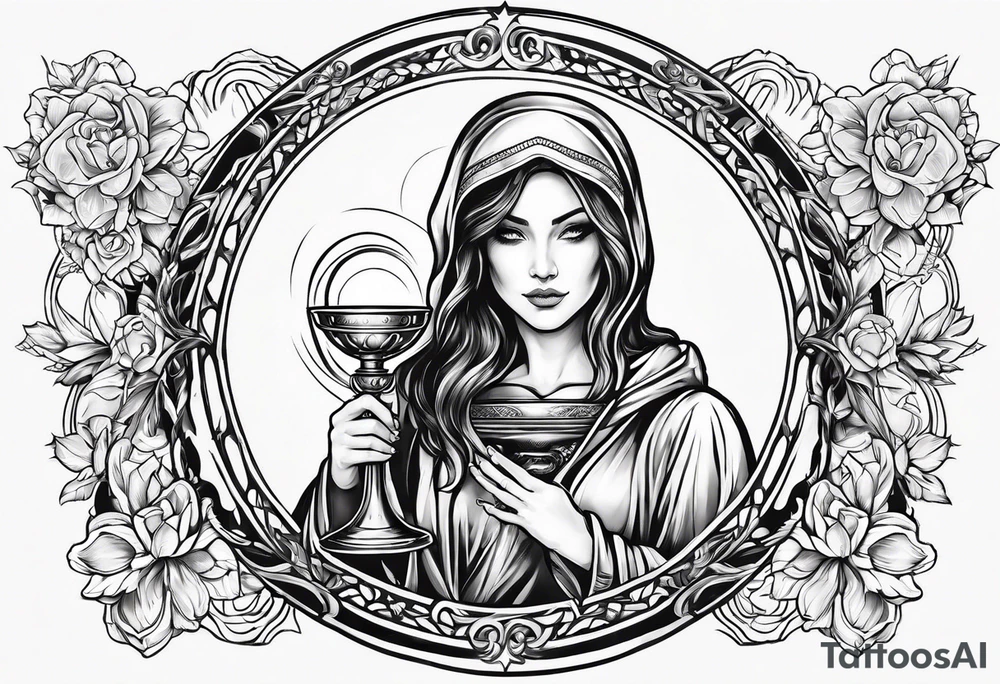 woman saint holding chalice surrounded by golden halo tattoo idea