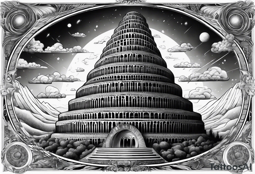 a surrealistic representation of the babel tower in the big bang tattoo idea