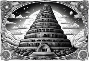 a surrealistic representation of the babel tower in the big bang tattoo idea