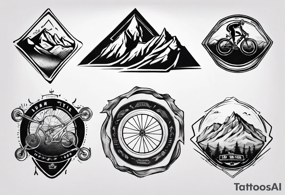 road cycle front wheel drawn as a gym plate with a mountain in the middle tattoo idea