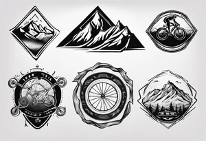 road cycle front wheel drawn as a gym plate with a mountain in the middle tattoo idea