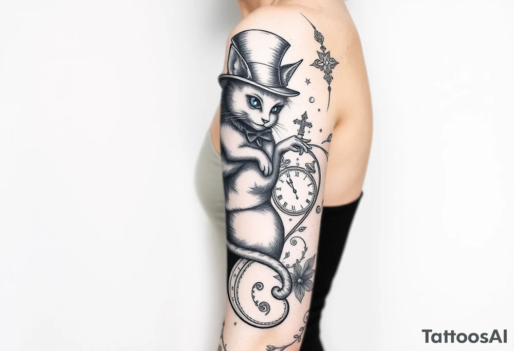 alice in womderland the chestire cat mad hatter and clock tattoo idea