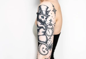 alice in womderland the chestire cat mad hatter and clock tattoo idea