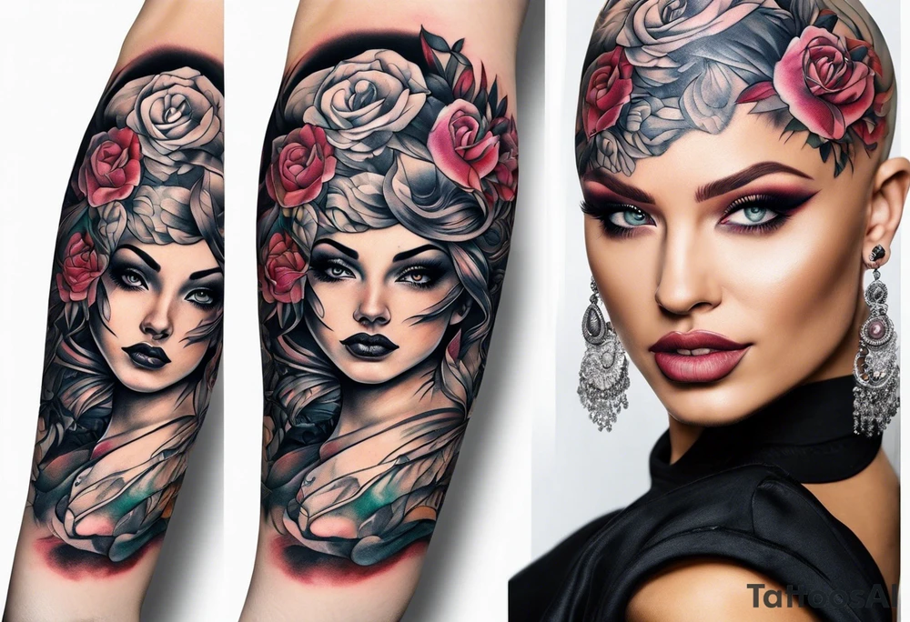 Bald woman tattoo idea