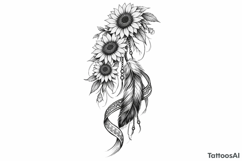 Cascading Sunflowers with Indian feather and Indian ribbon tattoo idea