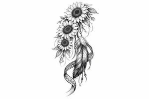 Cascading Sunflowers with Indian feather and Indian ribbon tattoo idea