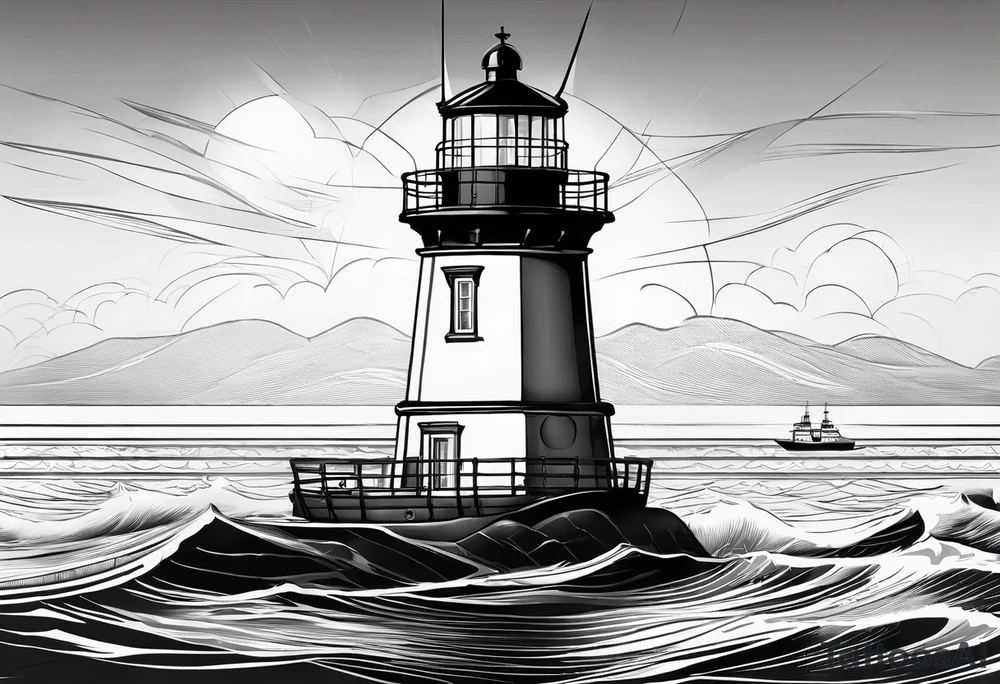 voilier vue de face. phare maritime fixé au centre du voilier et utilisé comme un mat pour les voiles. tattoo idea