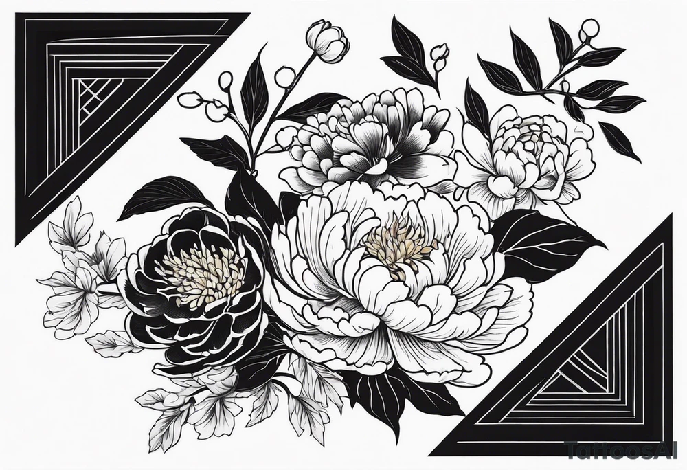 Full sleeve japanese peonies and chrysanthemum and cherry blossoms in black water tattoo idea