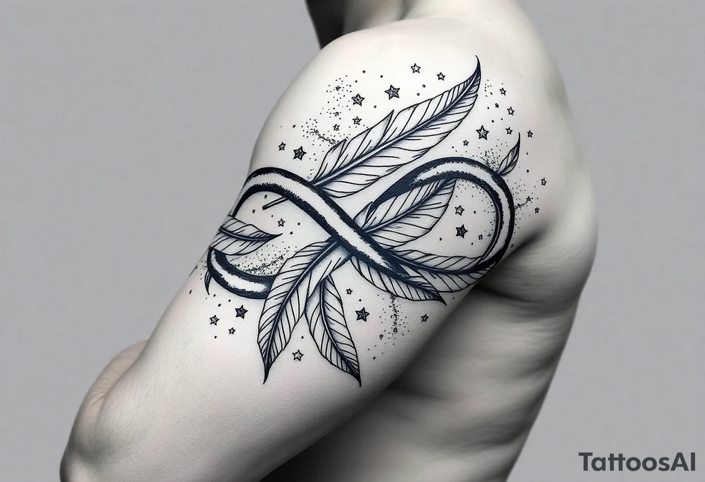 infinity symbol woven with floating feathers and stardust tattoo idea