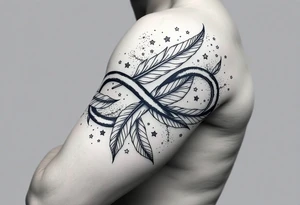 infinity symbol woven with floating feathers and stardust tattoo idea