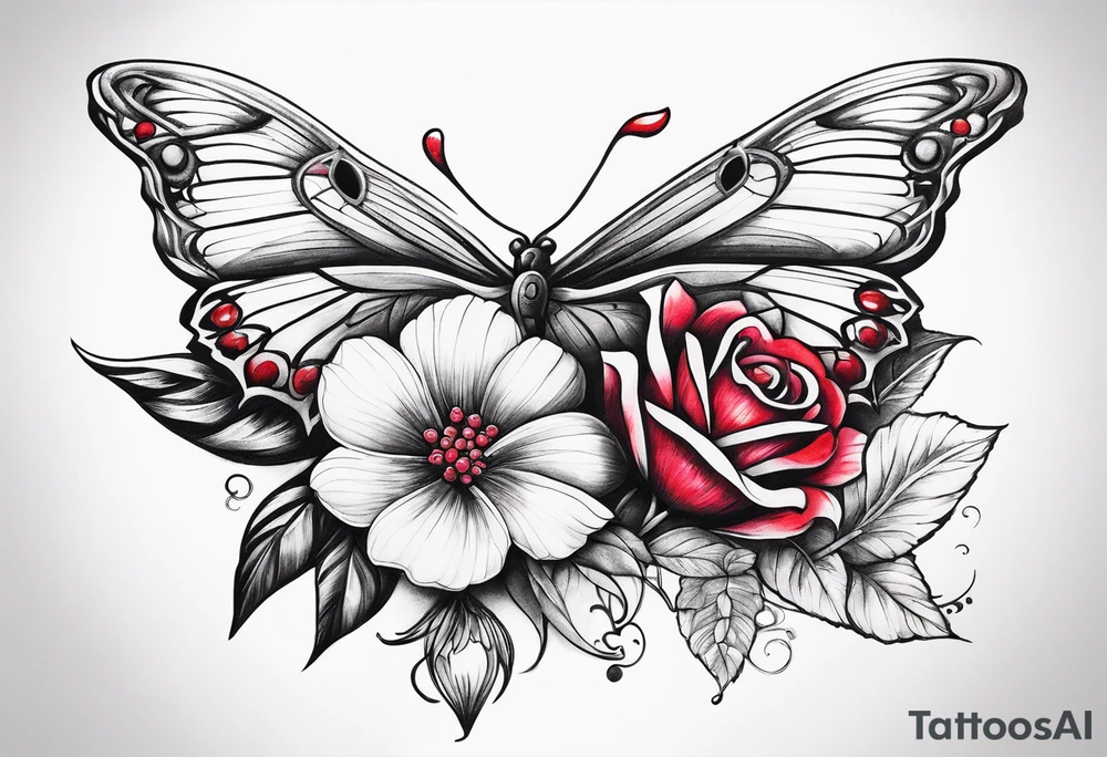 Flowers with "Ruby" in calligraphy font and butterflies around it tattoo idea