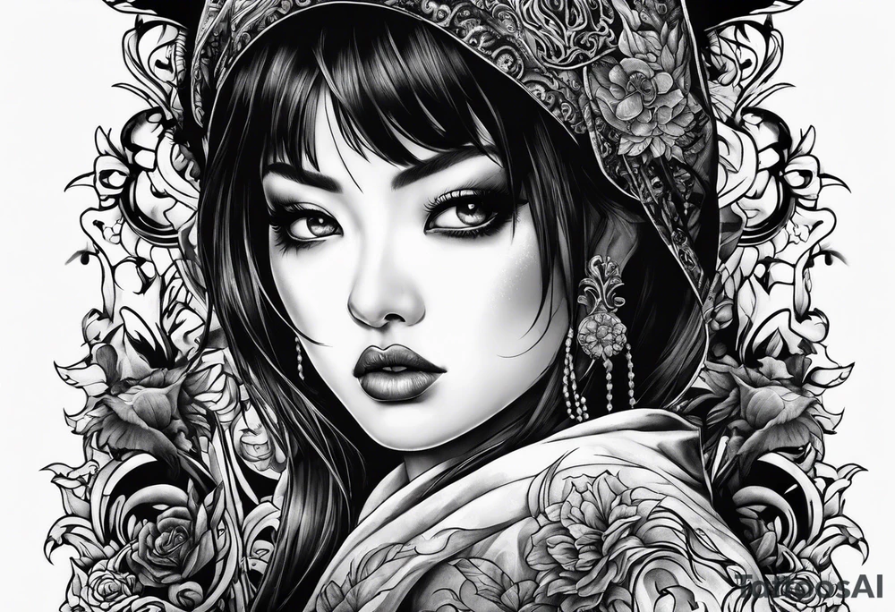 portrait of tomie in a horror scene tattoo idea