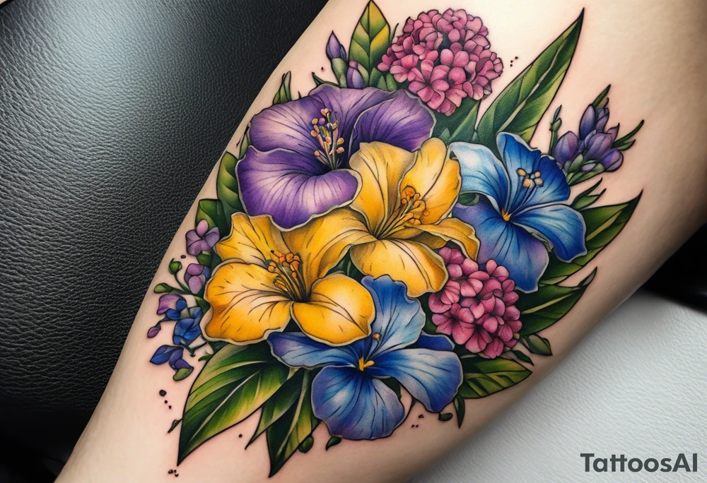 Bouquet tattoo tied with a ribbon With the following flowers on forearm. 
Carnations
Lilly’s 
Larkspur 
Morning glory 
Iris 
Yellow cedar
Yellow elder 
Forget me not 
Purple violets 
Lingum vitae 
Dogwood flower tattoo idea