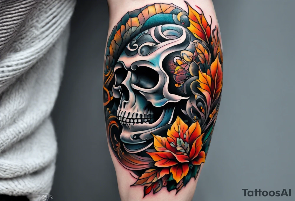 knee tattoo in fall color masculine tattoo idea