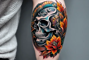 knee tattoo in fall color masculine tattoo idea