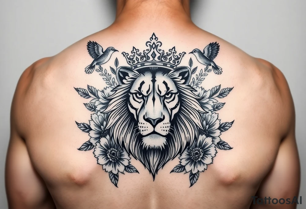 powerful majestic lion with a crown, surrounded by floral ornaments and birds tattoo idea