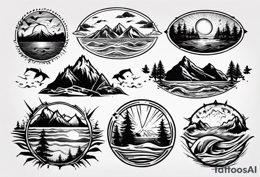 forearm tattoo with mountains, beach, waves, sunset, camping, trees tattoo idea
