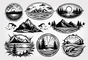 forearm tattoo with mountains, beach, waves, sunset, camping, trees tattoo idea