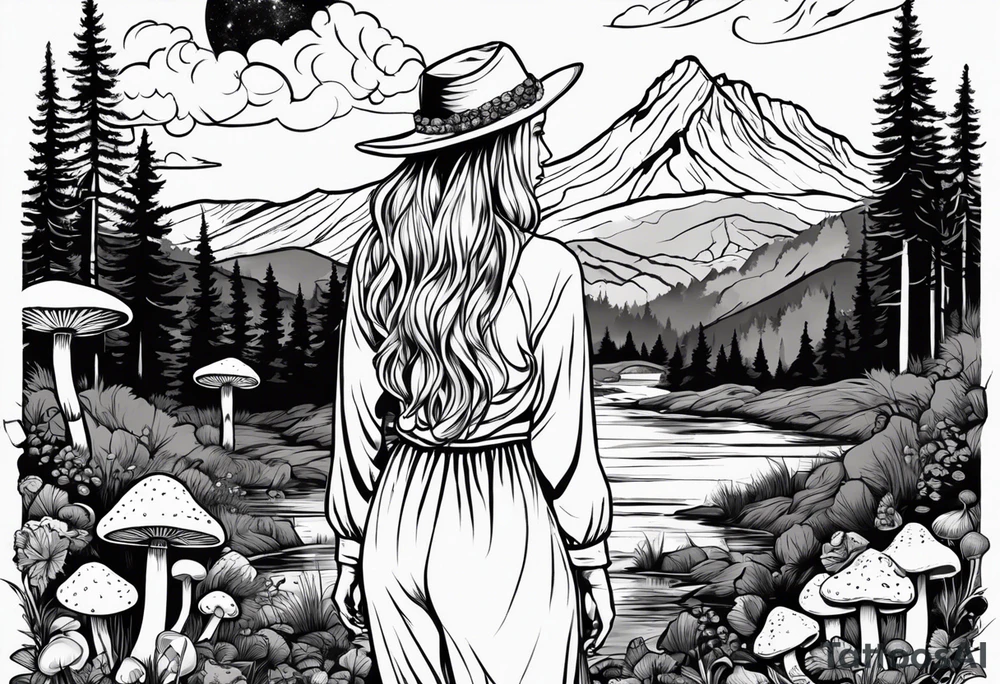 Whole picture encircled fully

Straight long blonde hair hippie girl in distance holding mushrooms in hand facing away toward mountains and creek surrounded by mushrooms long sleeve shirt and hiking pants; whole rendering within a full circle, no cut off circle tattoo idea