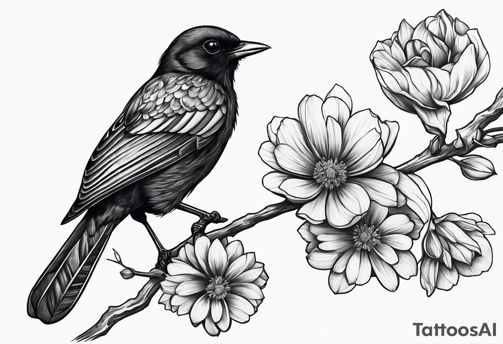 Black bird about to fly on a branch with flowers tattoo idea