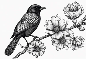 Black bird about to fly on a branch with flowers tattoo idea