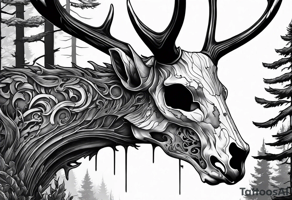 A side profile of decayed deer skull in a forest fire tattoo idea